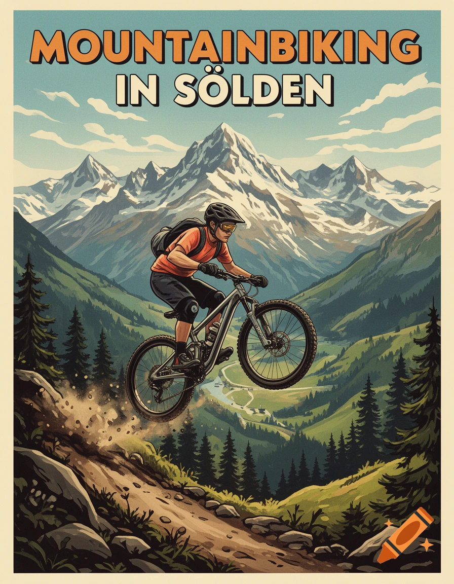 Retro poster of a mountain biker jumping on a dirt trail in a scenic mountain valley under the text 'MOUNTAINBIKING IN SÖLDEN'.
