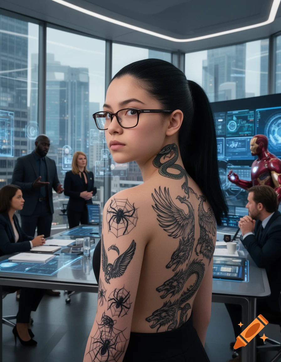 A woman with a ponytail and glasses looks over her shoulder, revealing extensive tattoos of spiders, dragons, phoenixes, and snakes on her back, shoulders, and neck. She stands in a futuristic office with city views and holographic displays, with other people and an Iron Man suit in the background.