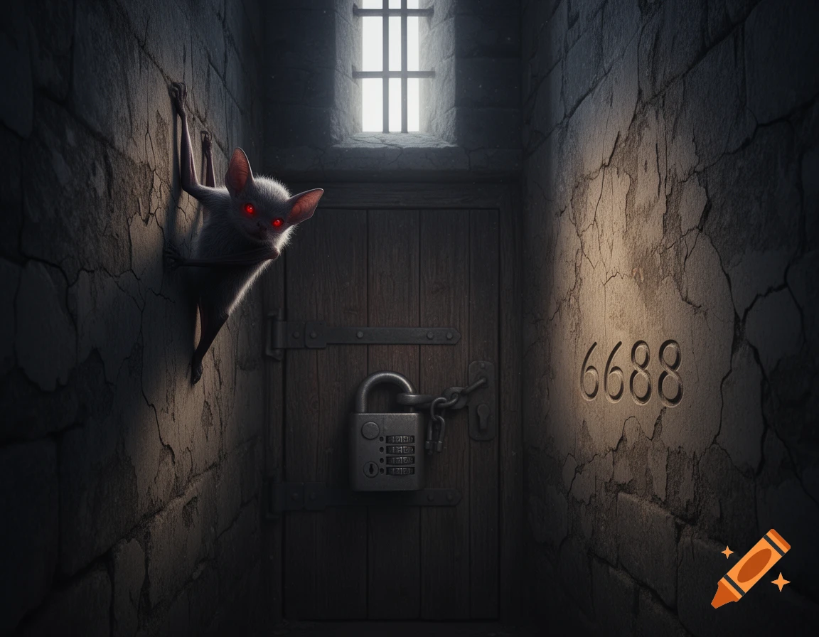 A white bat with glowing red eyes peeks from a crack in a dark stone dungeon wall opposite a locked door and carved numbers '6688'.