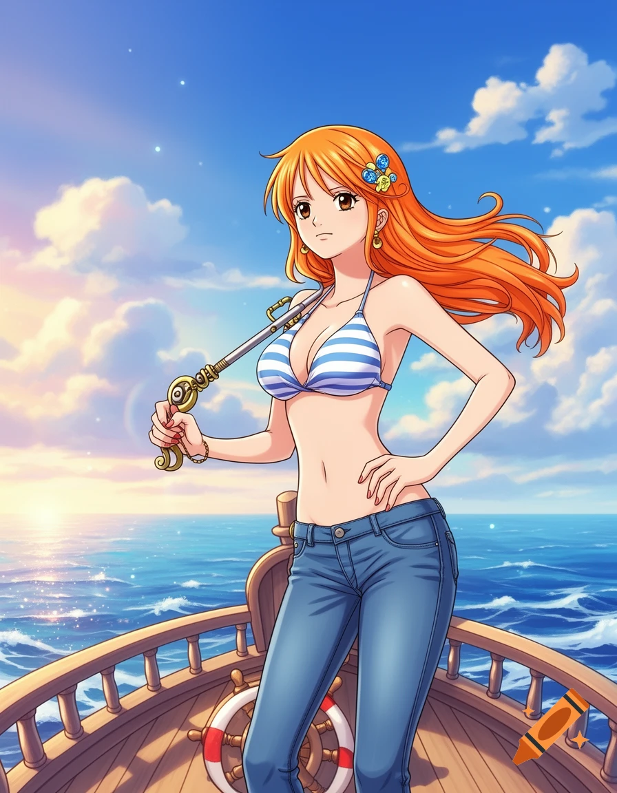Anime illustration of Nami with orange hair in a striped bikini top and jeans, holding a key staff on a wooden boat deck at sea.