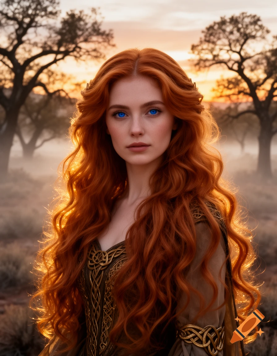 A photorealistic portrait of an Irish woman with long, red, wavy hair and striking blue eyes, wearing a Celtic-inspired dress, in a misty desert at sunset.
