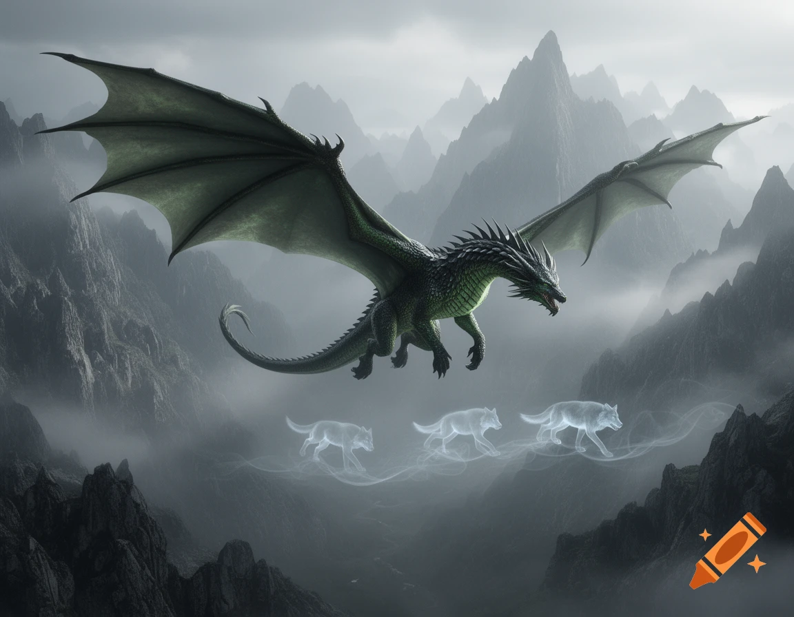 A large green dragon flies over a misty mountain range, accompanied by three ethereal ghost wolves.