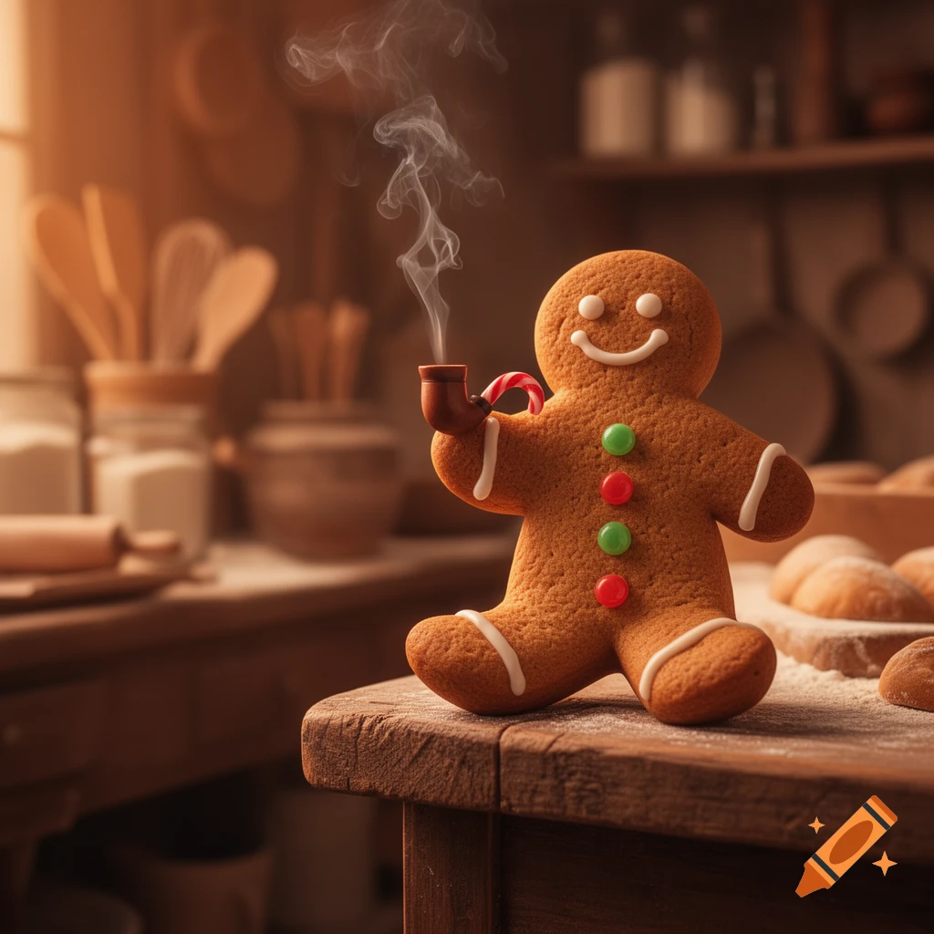 Photorealistic gingerbread man holding a smoking pipe and candy cane, standing on a flour-dusted kitchen counter.