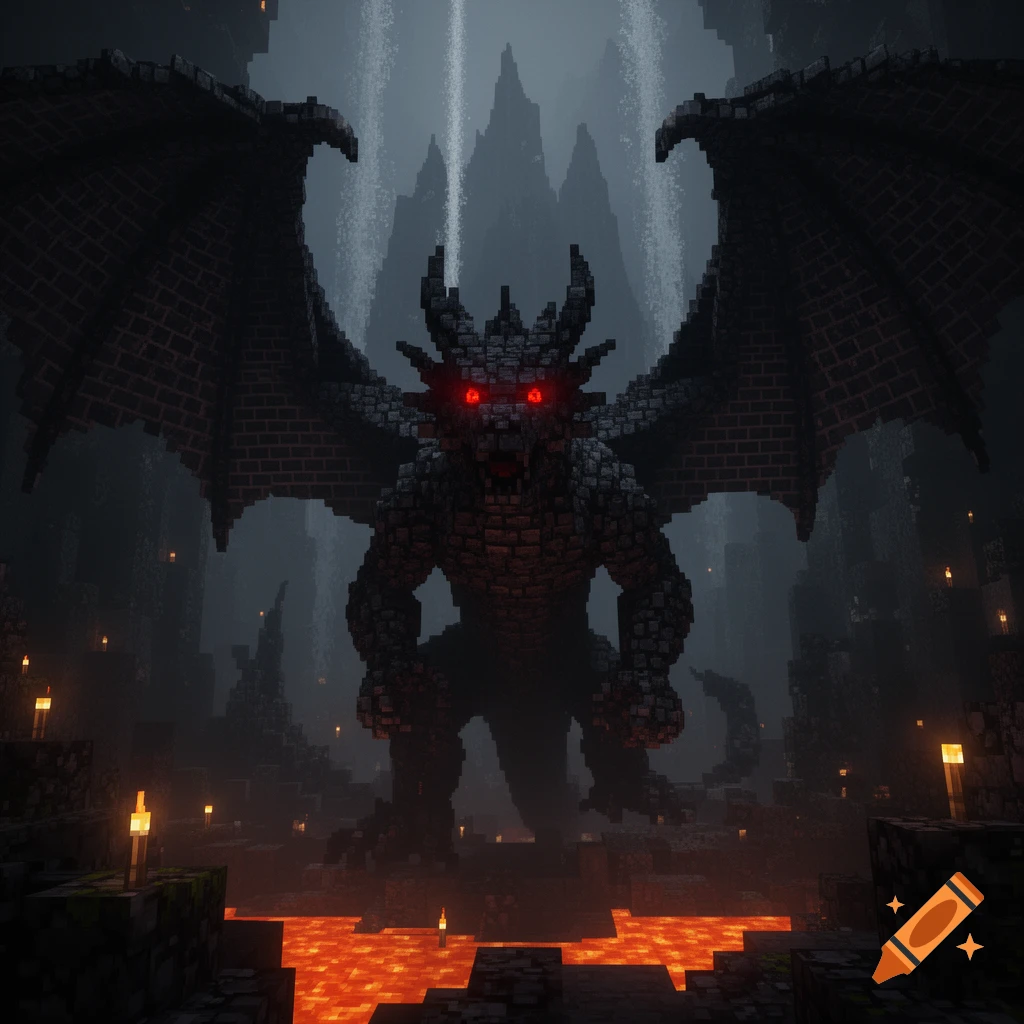 A large dark pixelated dragon with glowing red eyes stands in a cavern over a pool of lava, surrounded by blocky structures.