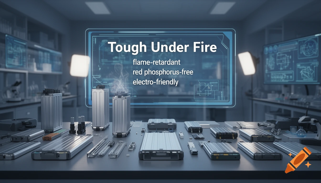 Photorealistic image of battery components on a lab table with a holographic display showing 'Tough Under Fire' and product features.