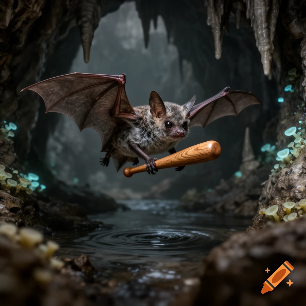 A photorealistic bat with a baseball bat flies through a dark, misty cave with glowing fungi and a stream.