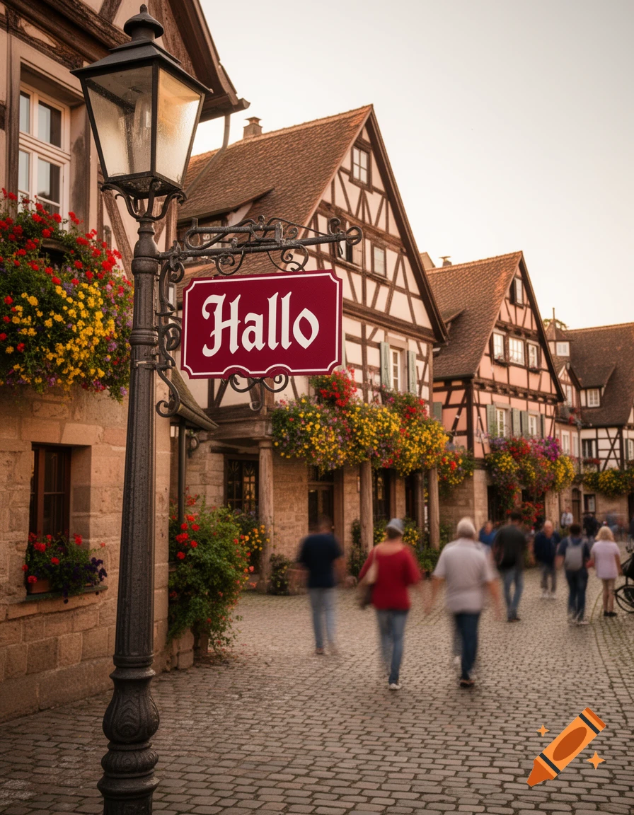 Photorealistic view of a charming European cobblestone street with half-timbered houses, a lamppost with a 'Hallo' sign, and blurred pedestrians.