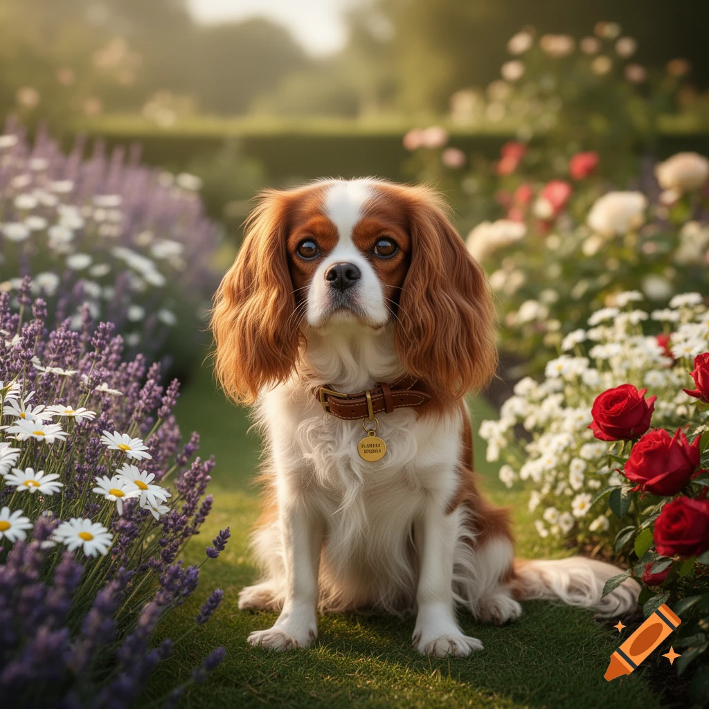 A photorealistic Cavalier King Charles Spaniel dog sits in a sunny garden surrounded by lavender, daisies, and red roses.