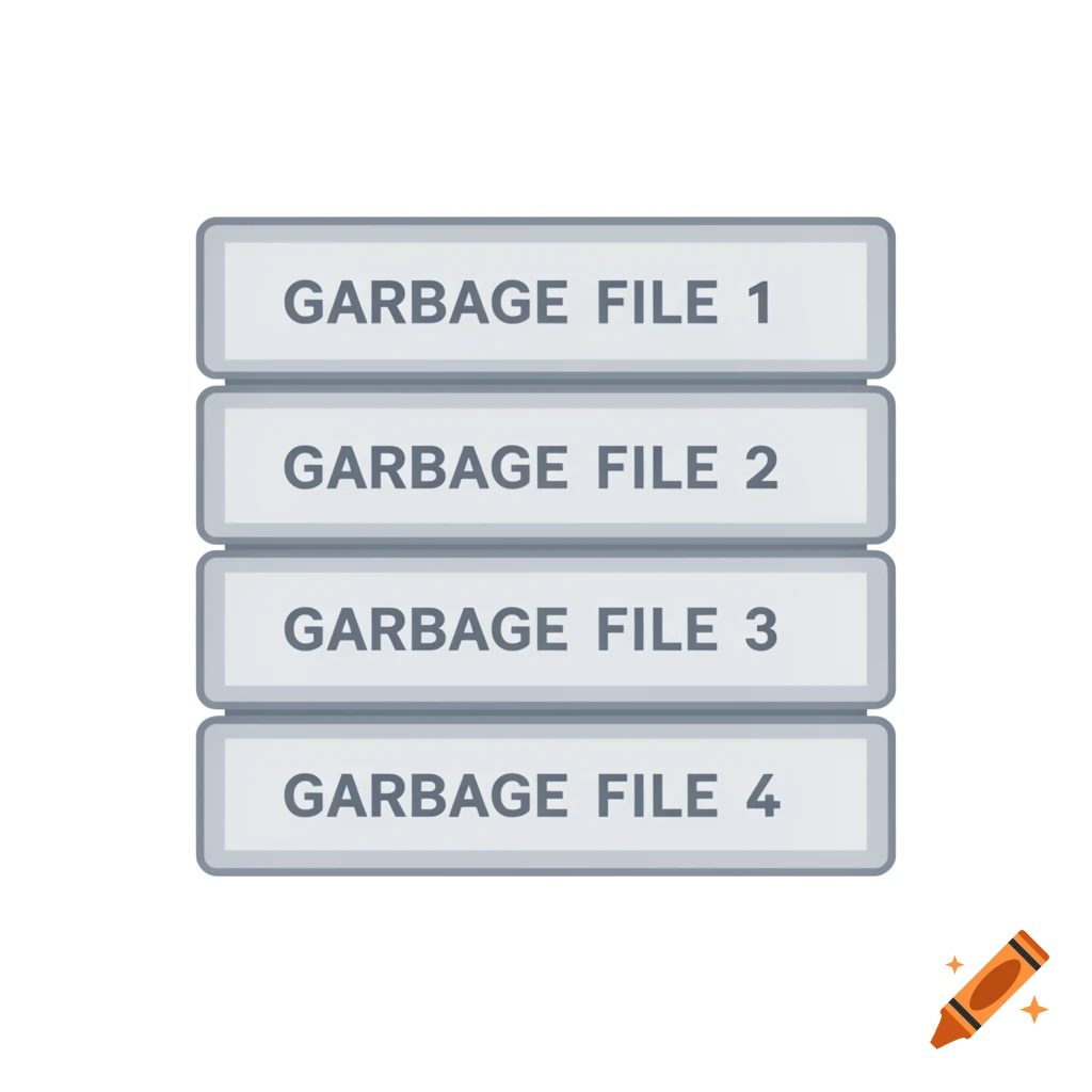 Four stacked digital labels reading 'GARBAGE FILE 1', 'GARBAGE FILE 2', 'GARBAGE FILE 3', and 'GARBAGE FILE 4'.