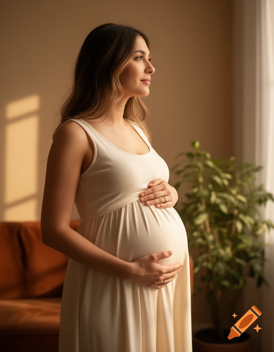 A pregnant woman in a white dress gently holds her belly while looking out a window in a softly lit room.
