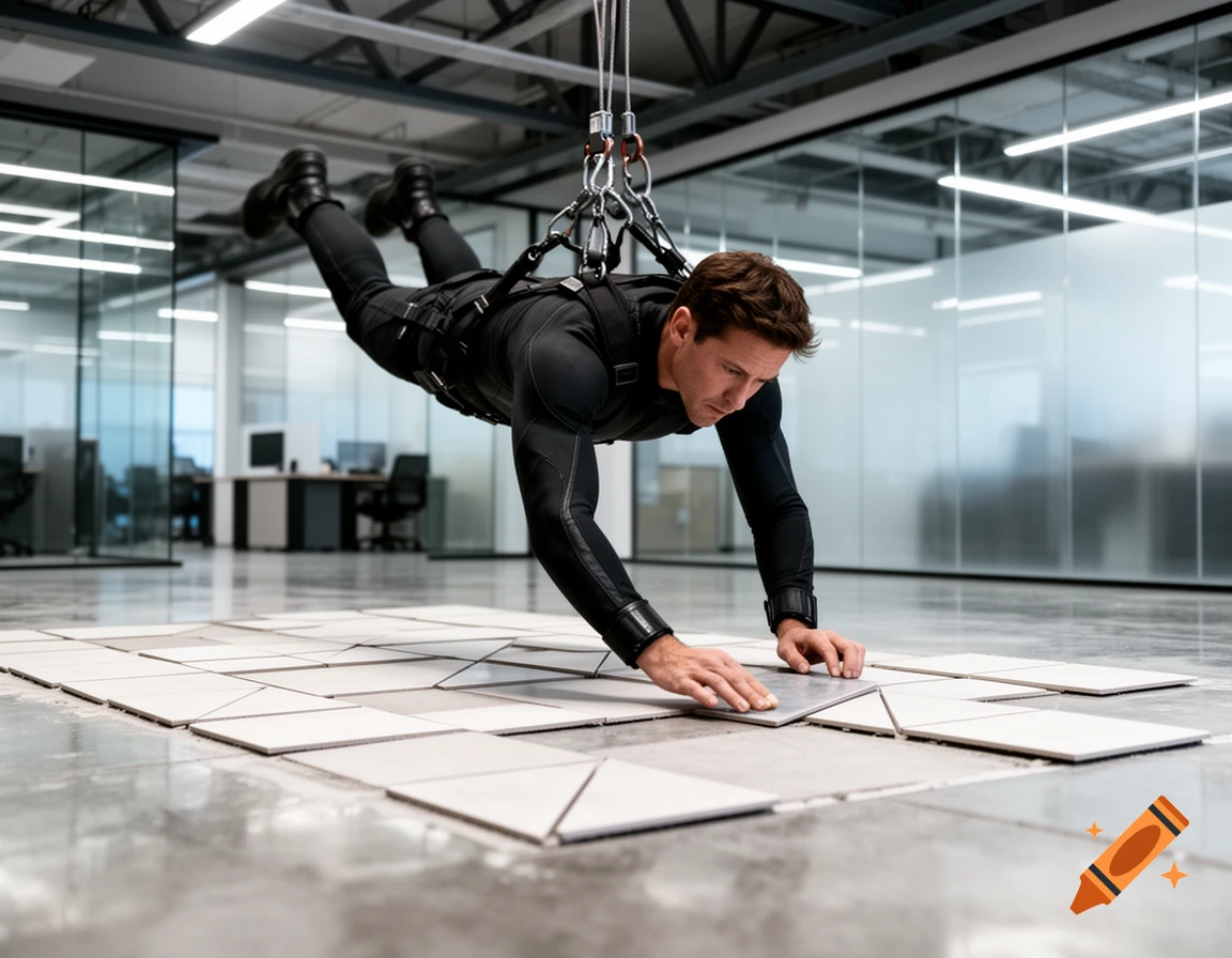 A man suspended by cables hovers above the floor in a modern office, carefully laying down floor tiles.