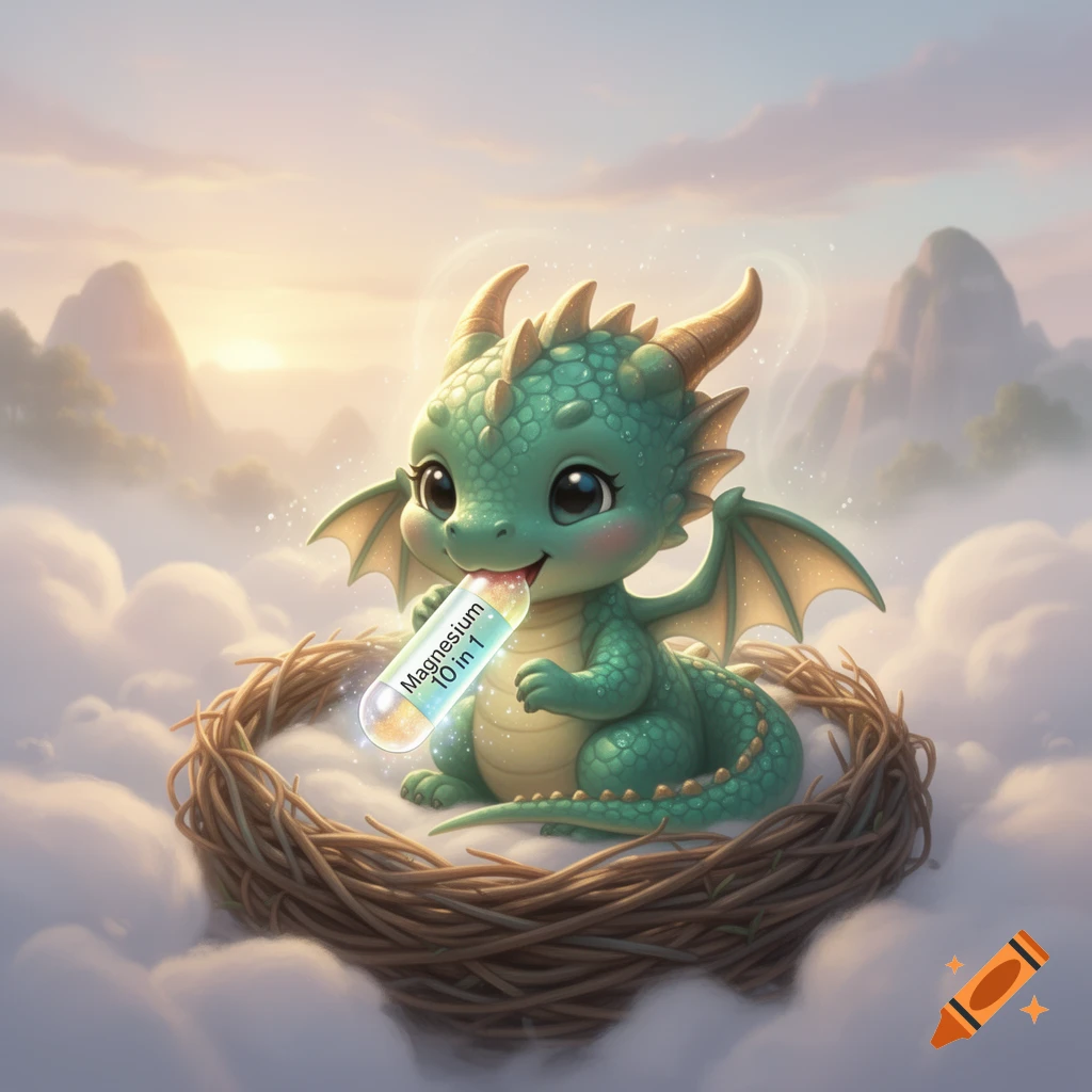 An adorable, cartoonish green dragon sits in a twig nest among clouds, holding a 'Magnesium 10 in 1' capsule in its mouth as the sun rises.