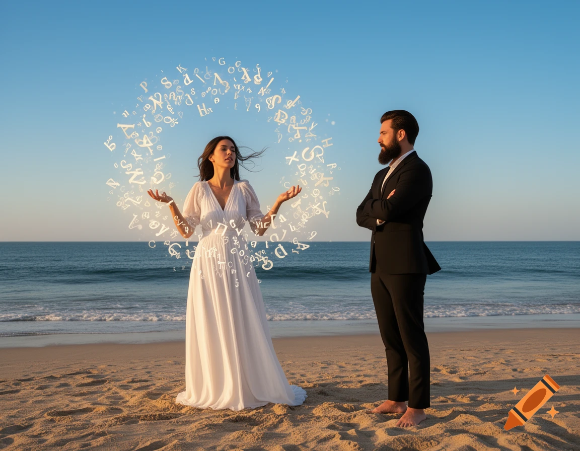 A woman in a white dress stands on a beach, conjuring an aura of floating letters, while a bearded man in a suit watches.
