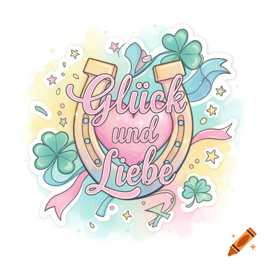 Pastel sticker illustration of a horseshoe with a pink heart and text 'Glück und Liebe' (Luck and Love), surrounded by shamrocks and stars.