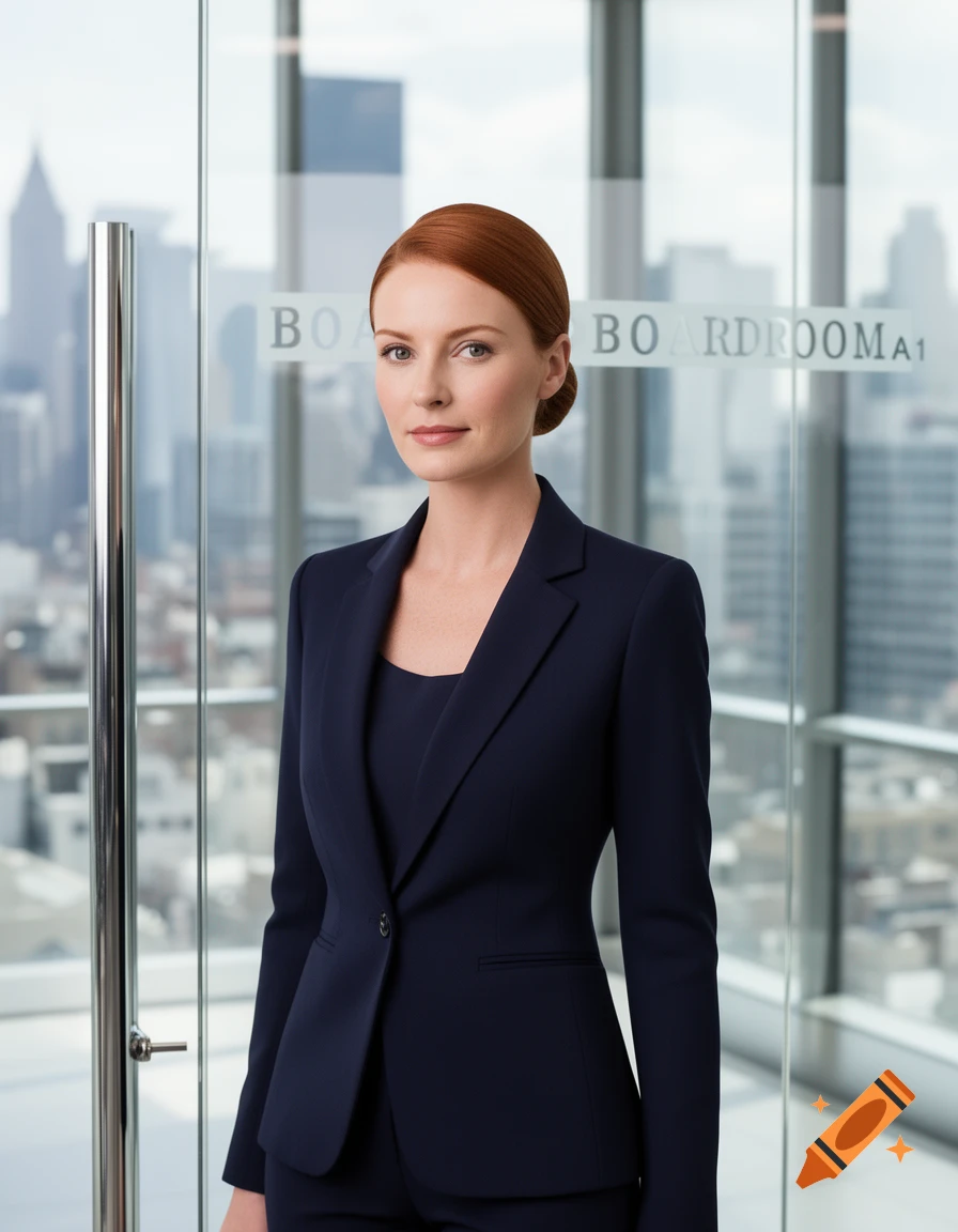 A professional woman with red hair in a dark blue business suit stands in a modern office with a city view, 'BOARDROOM A1' visible on glass.