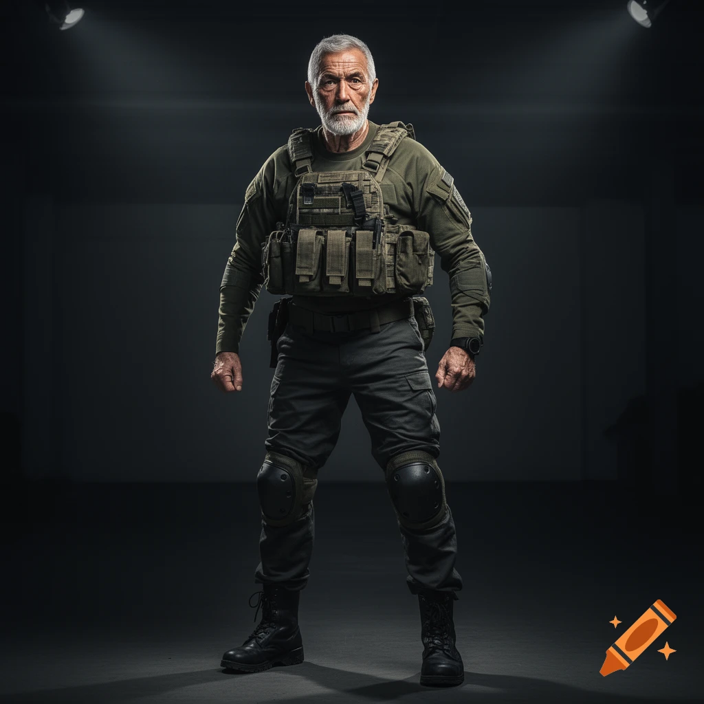 An older man with gray hair and a beard, wearing full tactical military gear, stands against a dark background in a photorealistic style.