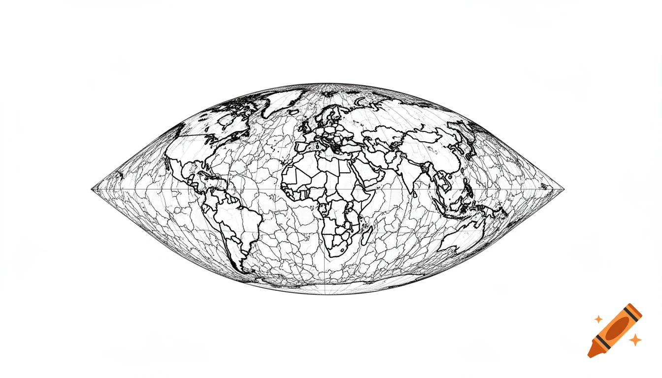 A black and white world map showing country borders, presented in a pointed oval shape resembling an eye.
