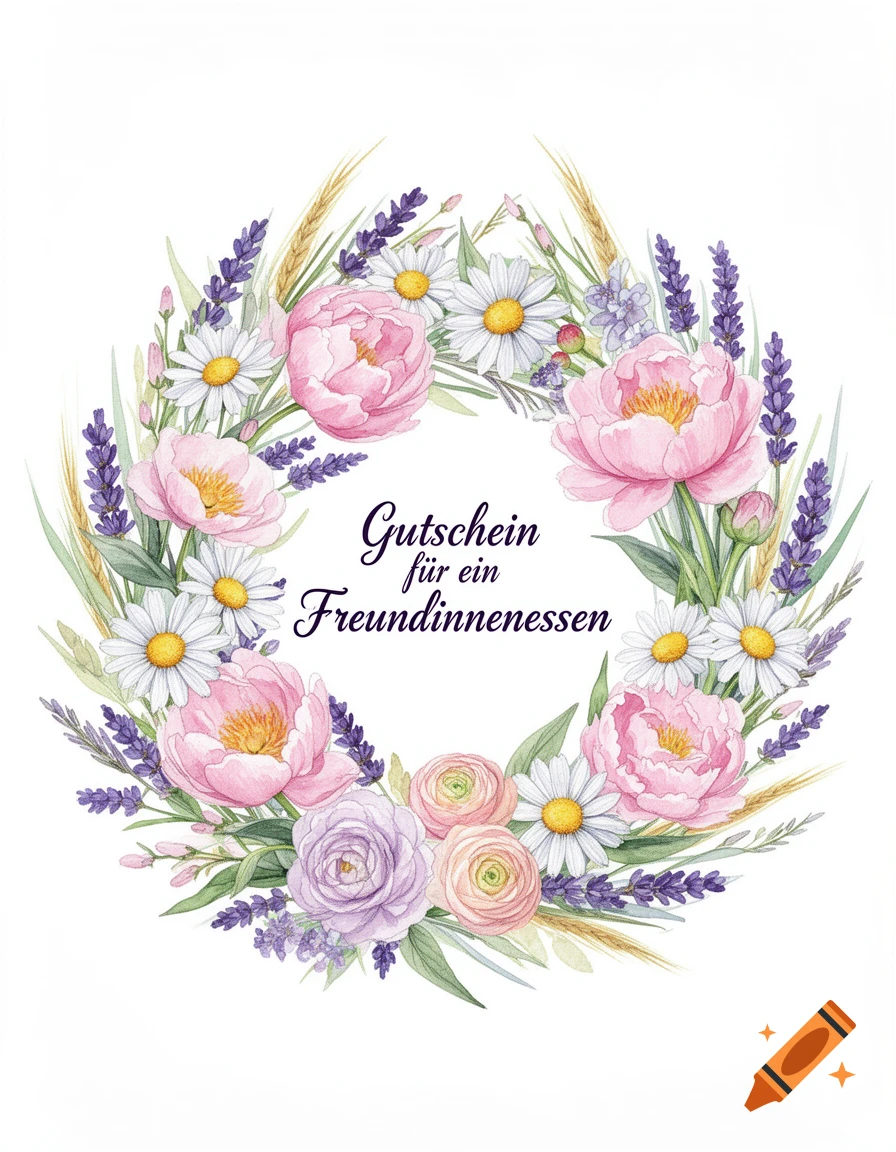 A vibrant watercolor floral wreath featuring pink peonies, white daisies, purple lavender, and green foliage on a white background, with text in the center.