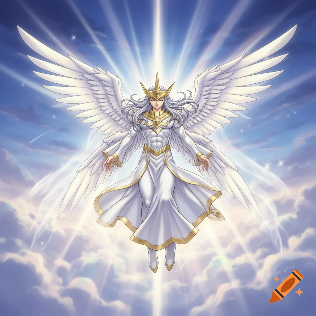 Anime Angemon, an angelic figure in white and gold robes with large wings and a golden crown, floats above clouds with light rays.