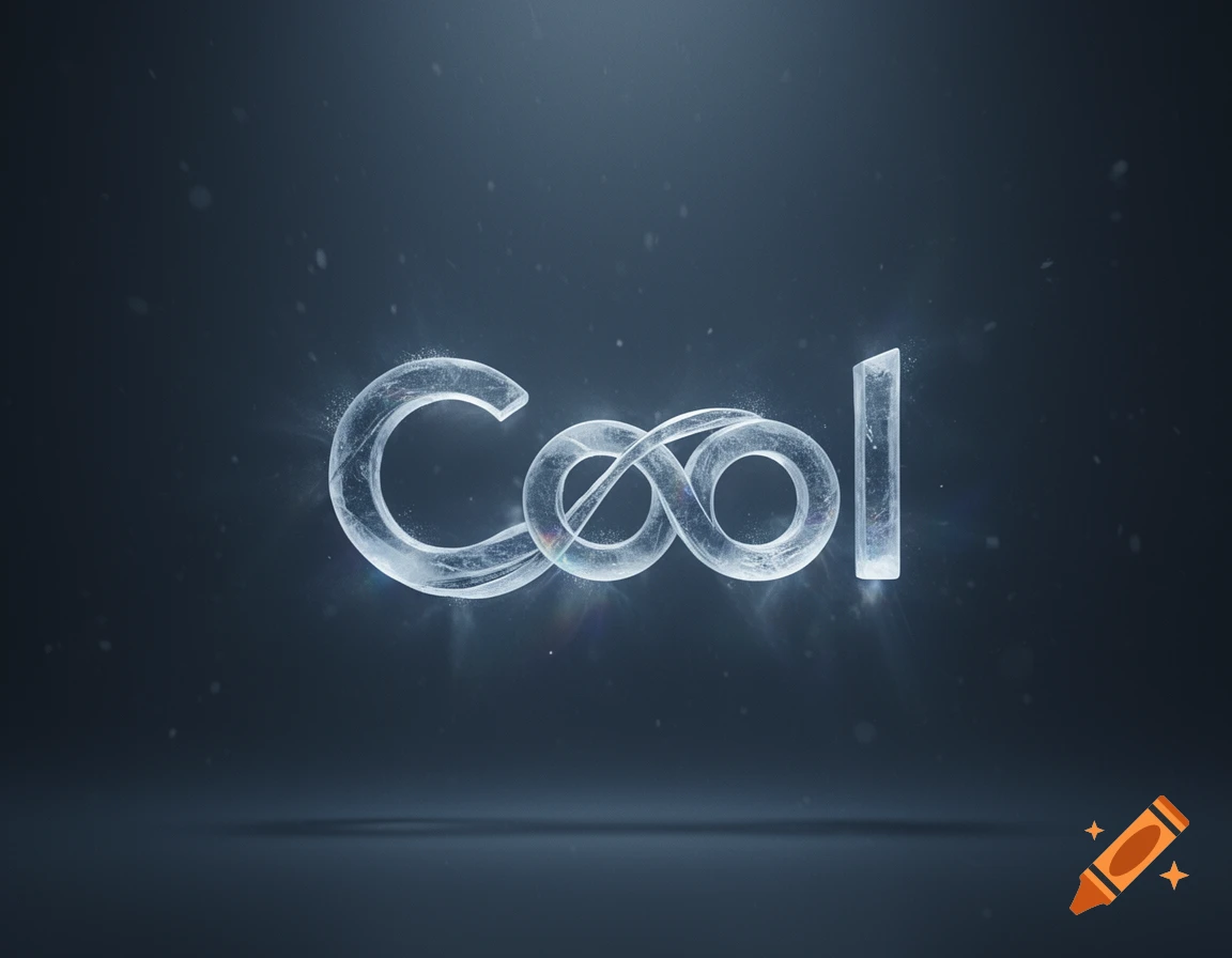 Stylized icy text spelling "Cool" on a dark, reflective surface with light particles.