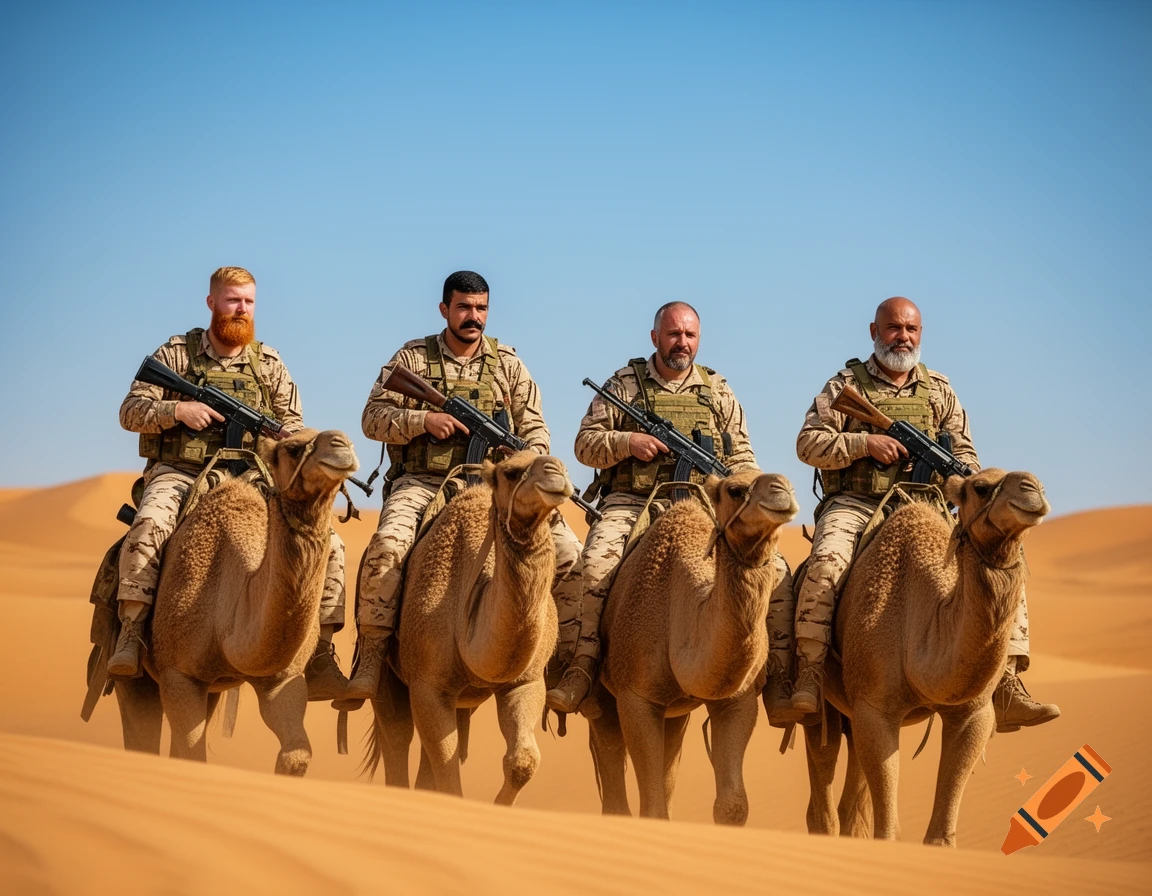 Four military men ride camels in a sunny desert, each holding an AK-47 rifle.