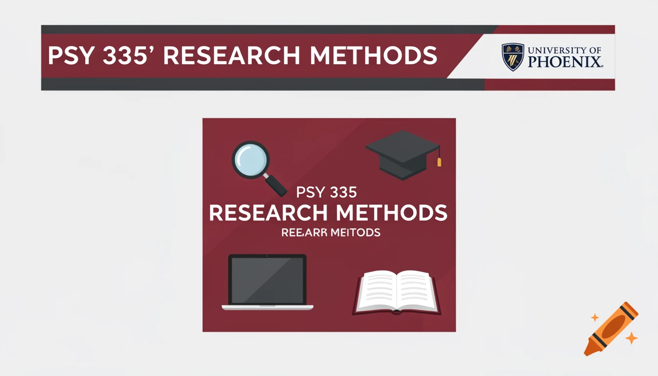 A banner with 'PSY 335' RESEARCH METHODS' and University of Phoenix logo, and a module image with magnifying glass, graduation cap, laptop, open book, and text 'PSY 335 RESEARCH METHODS REE.ARR MEITODS'.