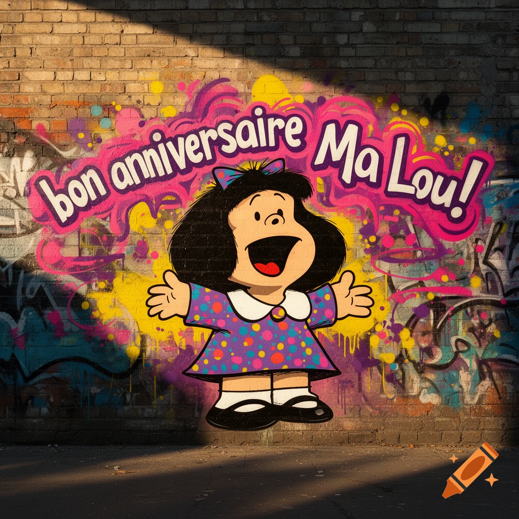 A cartoon Mafalda character with open arms on a graffiti-covered brick wall, with pink text 'bon anniversaire Ma Lou!' above her.