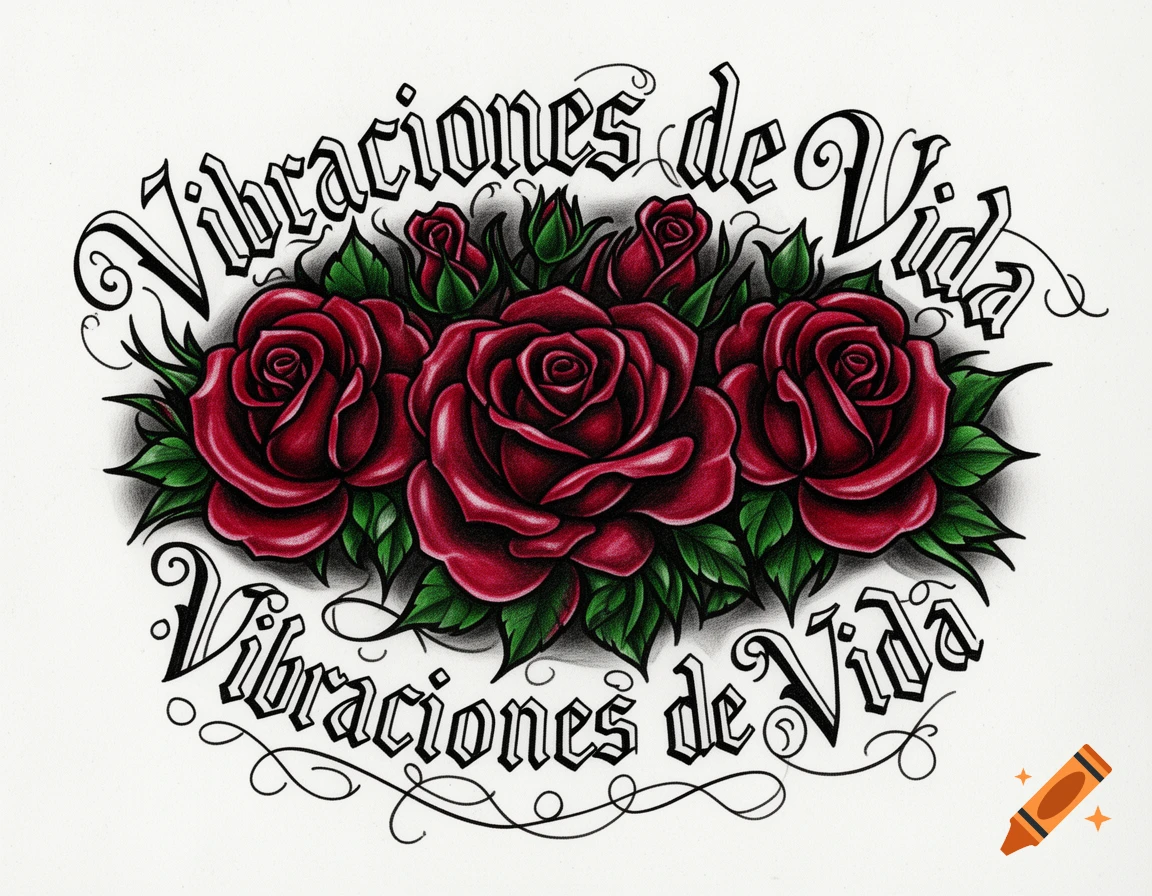 A Chicano style tattoo design with three vibrant red roses and green leaves, flanked by ornate black script reading 'Vibraciones de Vida'.