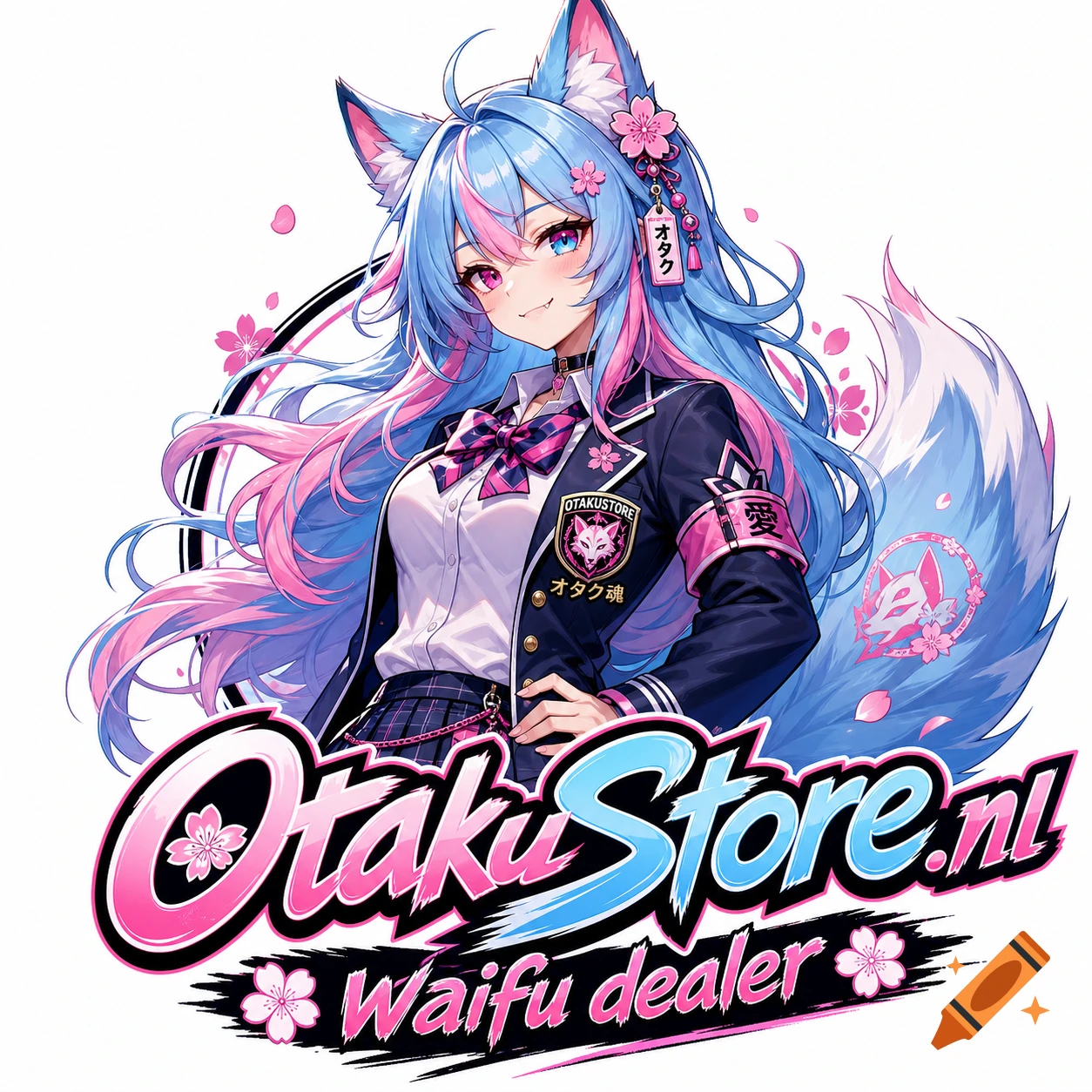 Smiling anime wolf girl with blue and pink hair, wearing a school uniform, surrounded by cherry blossoms, with text 'OtakuStore.nl Waifu dealer' below.