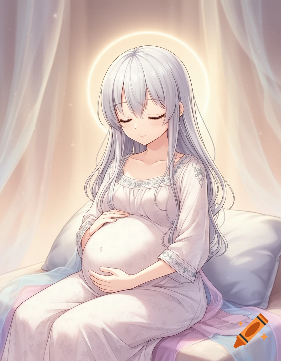 Serene anime girl with long white hair and a halo, gently holding her pregnant belly while sitting on a bed.