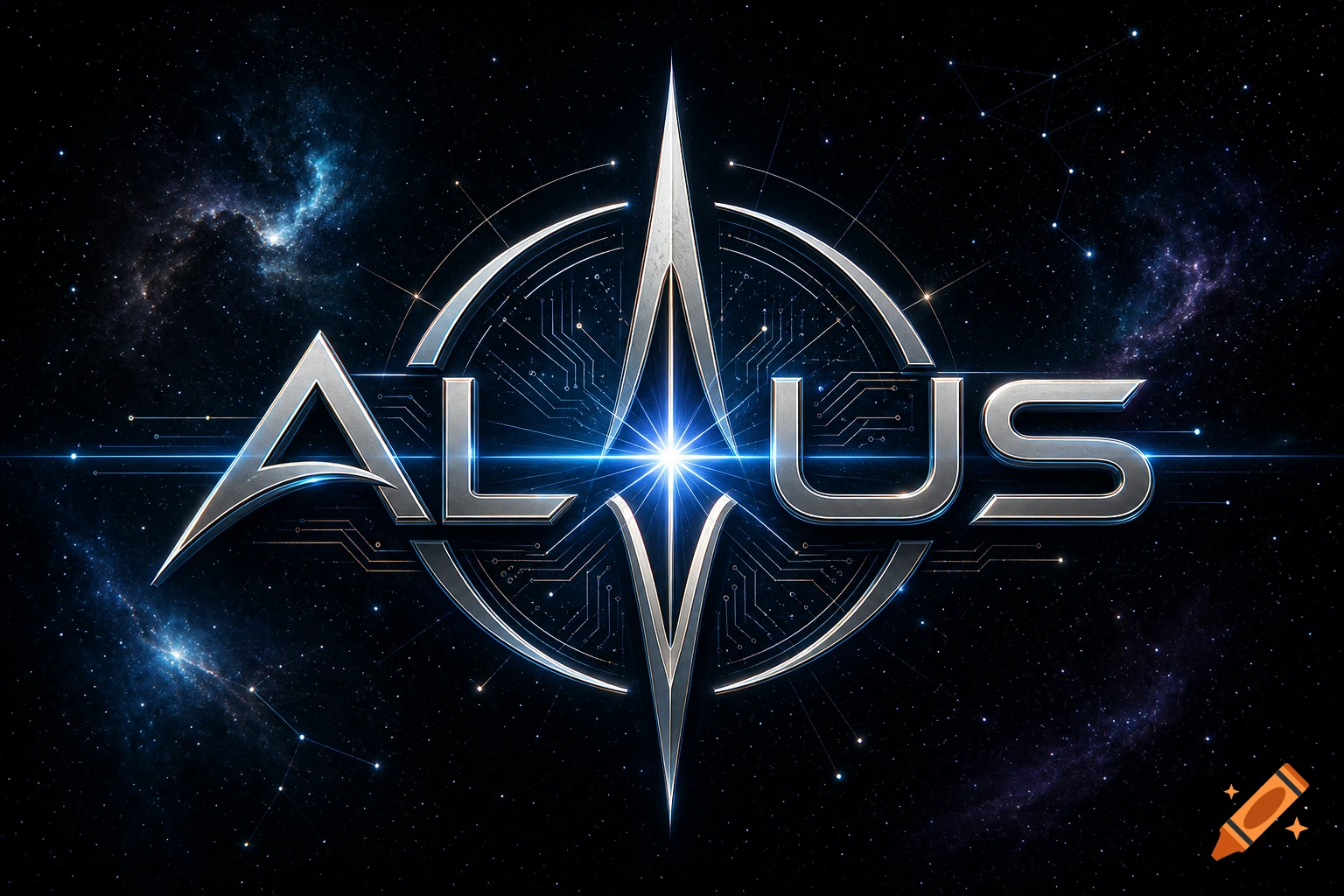A futuristic metallic logo spelling "ALIUS" with a sharp, star-like emblem in the center, set against a vibrant starry space background with circuit-like patterns.