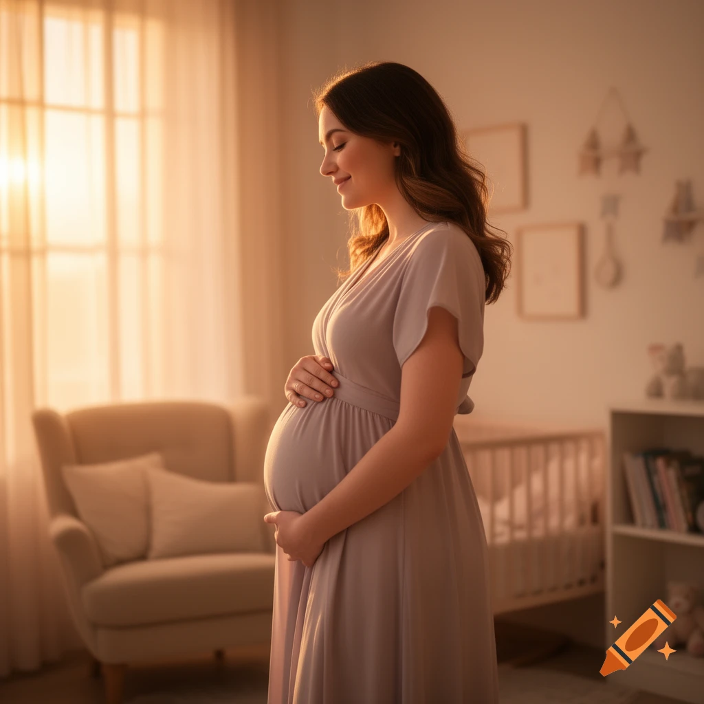 Photorealistic portrait of a smiling pregnant woman holding her belly in a warm, sunlit room with a crib in the background.