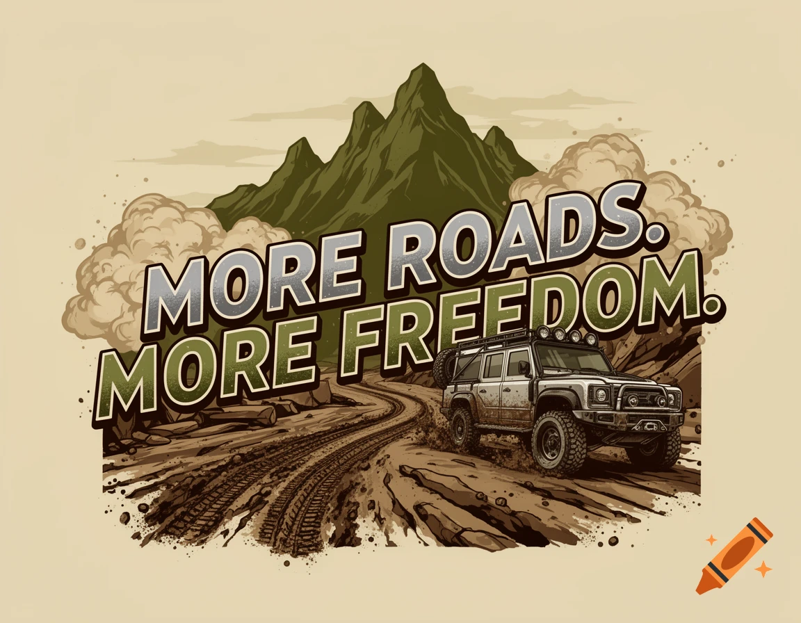 Detailed illustration of a white off-road vehicle on a muddy trail with mountains in the background, featuring "MORE ROADS. MORE FREEDOM." text.