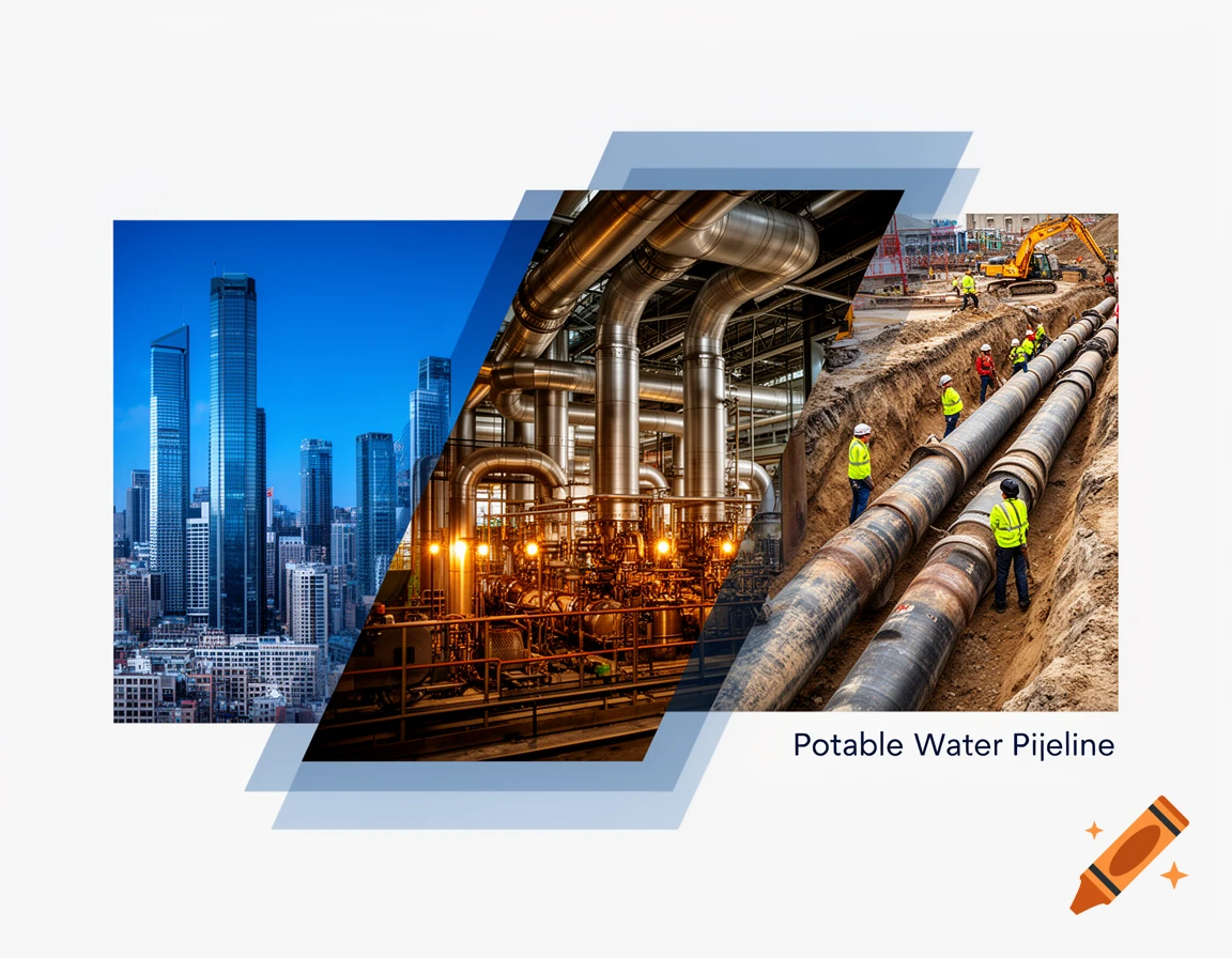 A design cover page featuring a collage of a modern city skyline, an industrial pipe network, and construction workers installing a large potable water pipeline.
