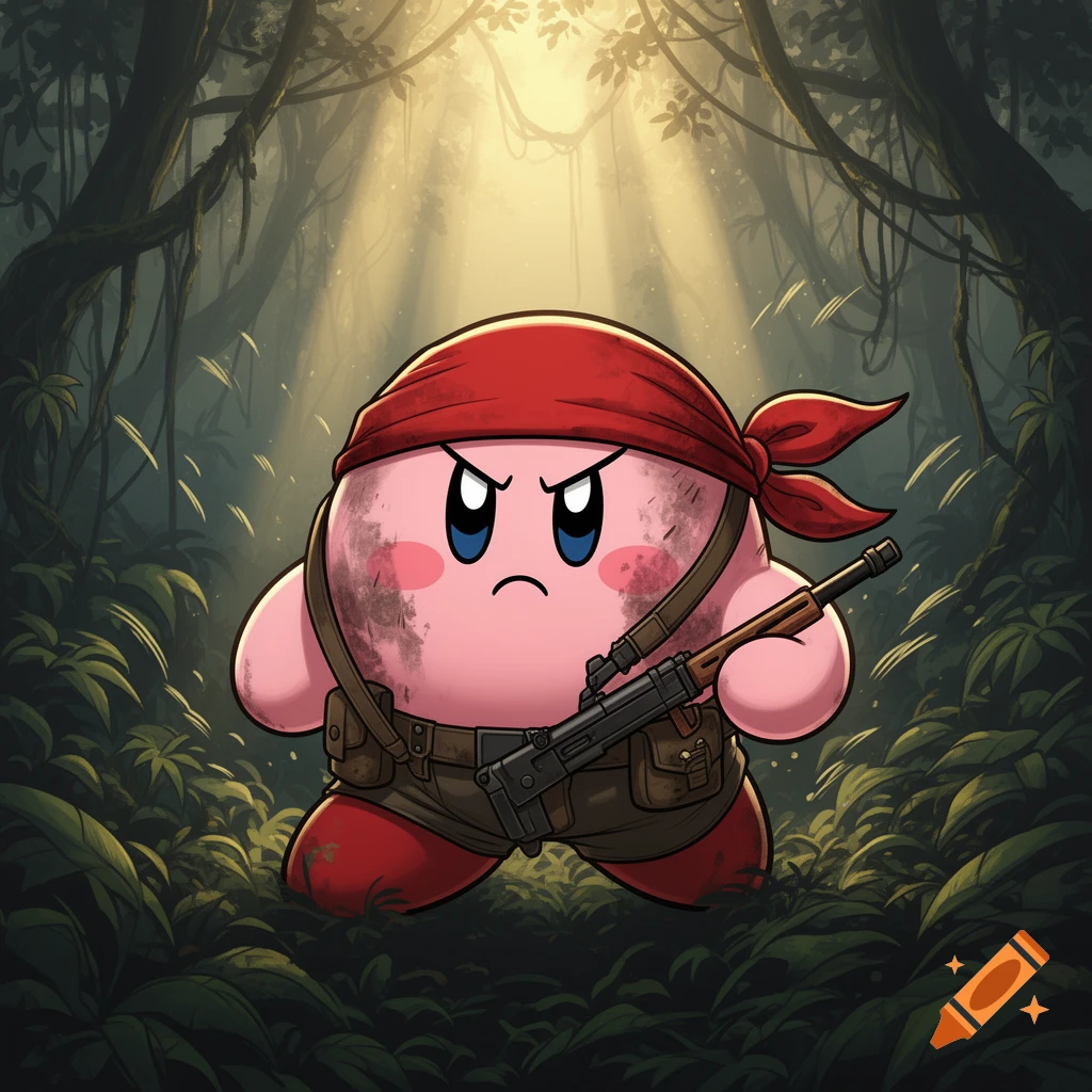 Angry cartoon Kirby wearing a red bandana and tactical gear, holding a rifle, standing in a lush jungle with sun rays filtering through the canopy.
