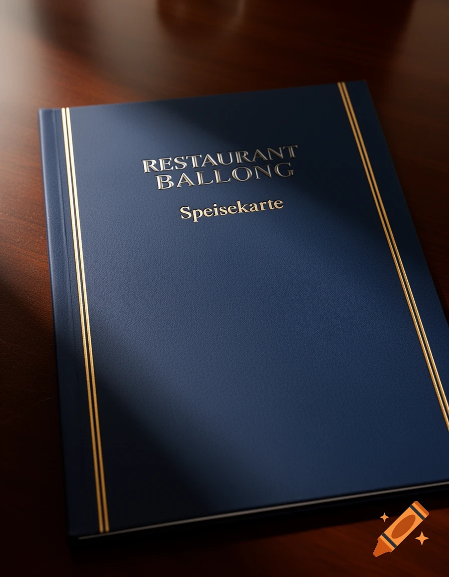 A dark blue restaurant menu cover with gold lettering for 'Restaurant Ballong' and 'Speisekarte', featuring gold double-line trim, resting on a polished wooden table.
