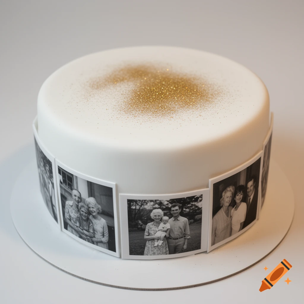 A white round cake decorated with black and white family photos around the side and gold glitter on top.