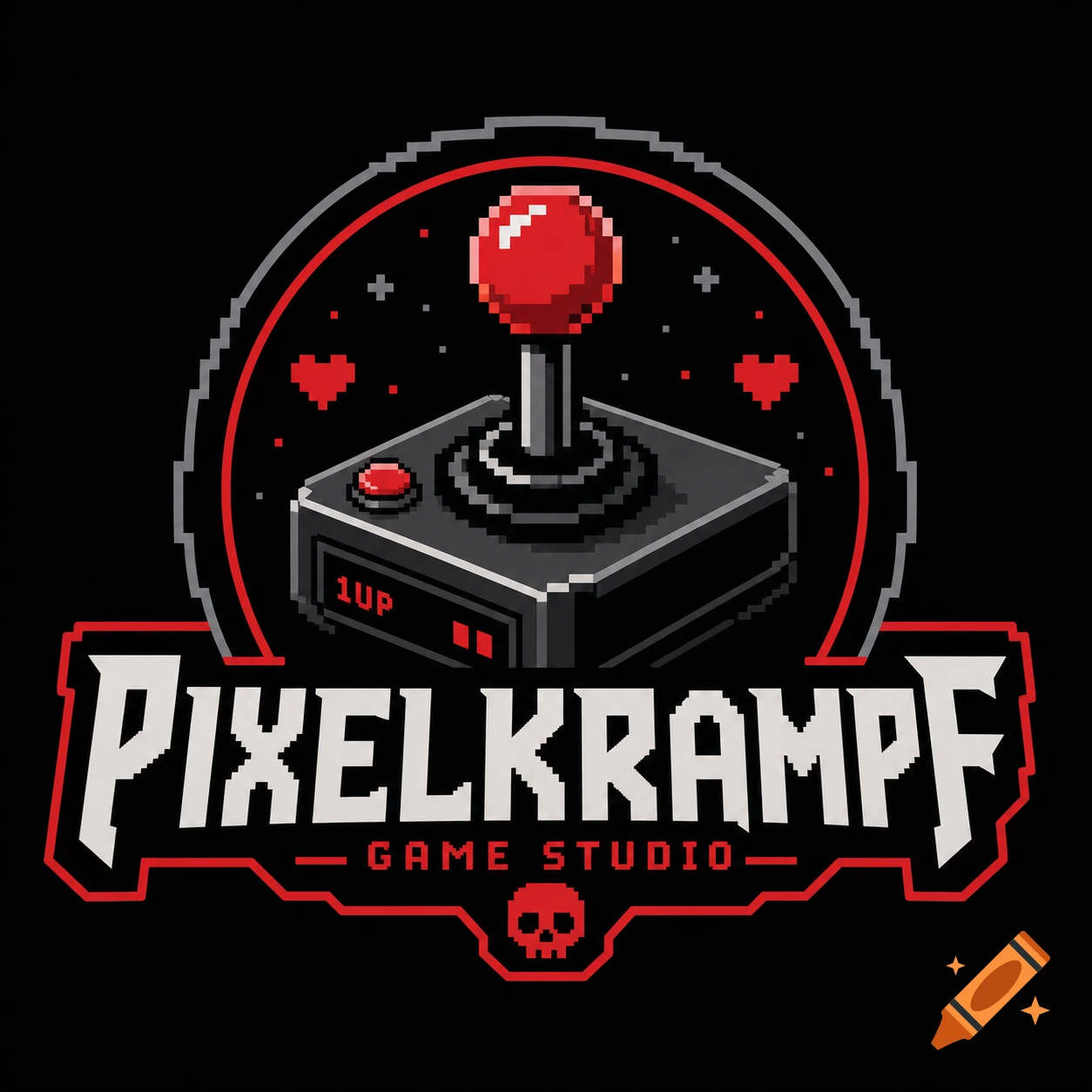 A pixel art logo featuring a retro joystick with a red ball top, pixel hearts, the text "PIXELKRAMPF GAME STUDIO" and a pixel skull, all on a black background.