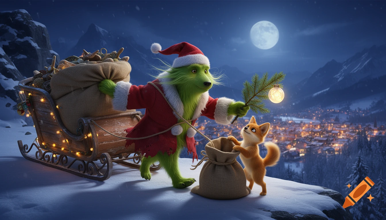 A Grinch-like creature in a Santa suit loads gifts onto a sleigh, holding an evergreen branch with an ornament. A small fox helps with a sack on a snowy mountain overlooking a glowing village under a full moon, in an animated style.