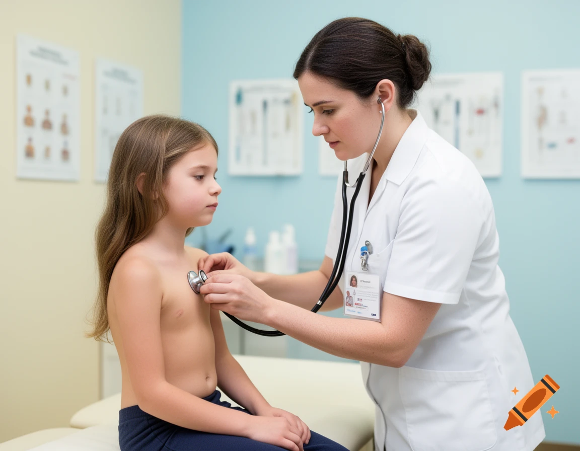 A female doctor uses a stethoscope to examine a young girl's chest in a clinic.