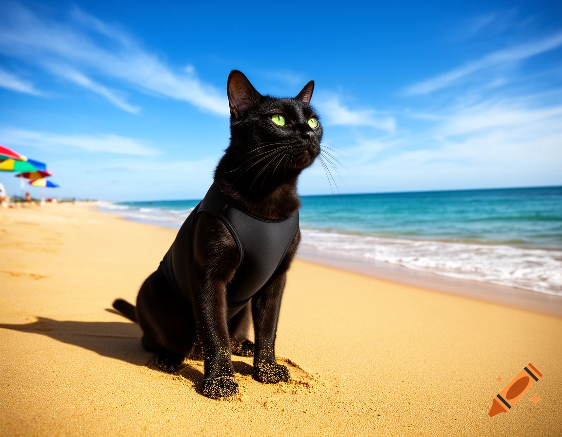 A photorealistic black cat with glowing green eyes sits on a sandy beach, wearing a black swimsuit, with a bright blue sky and ocean in the background.