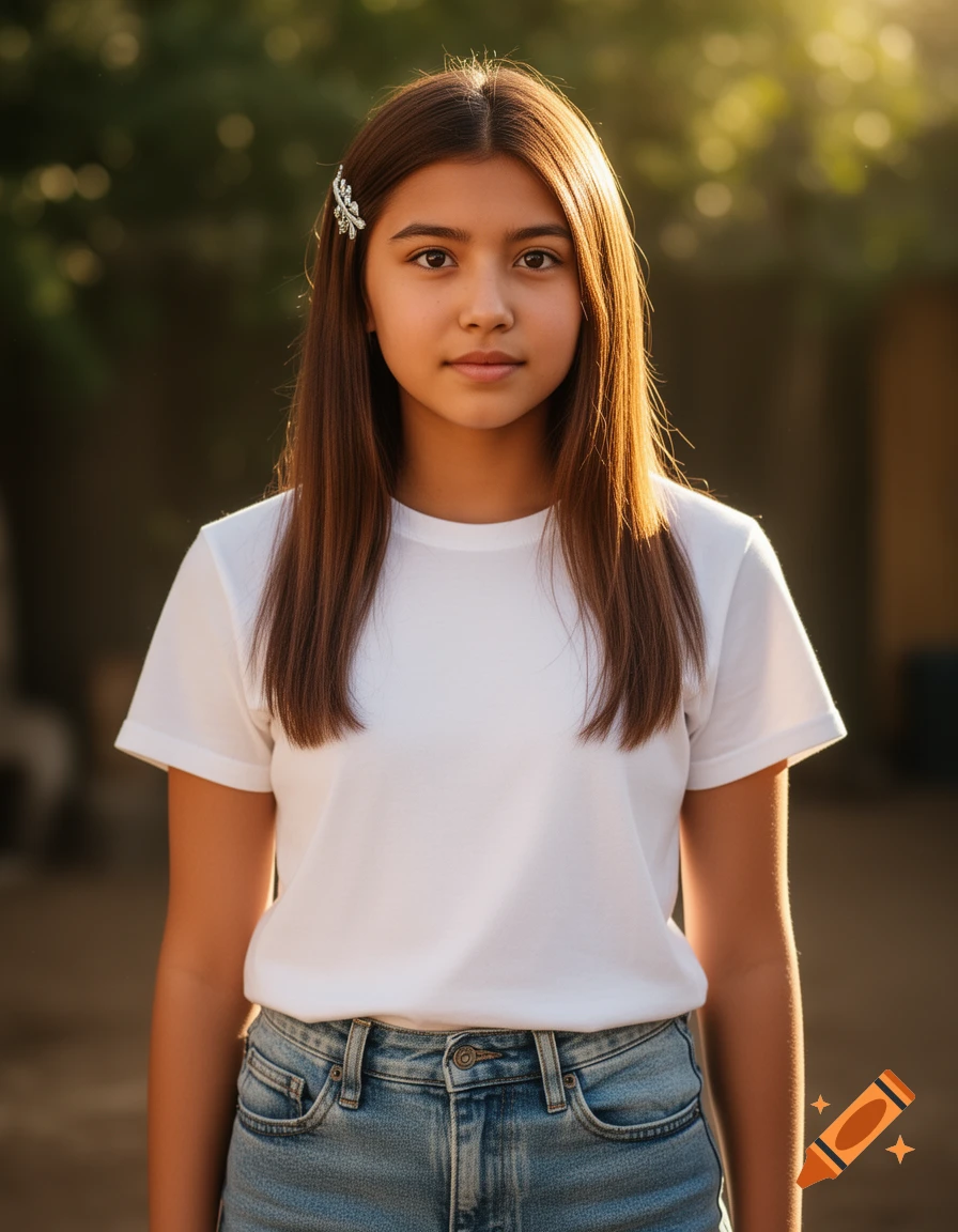 A photorealistic portrait of a young female with long brown hair and a hair clip, wearing a white t-shirt and jeans, looking directly at the viewer. Soft outdoor lighting.