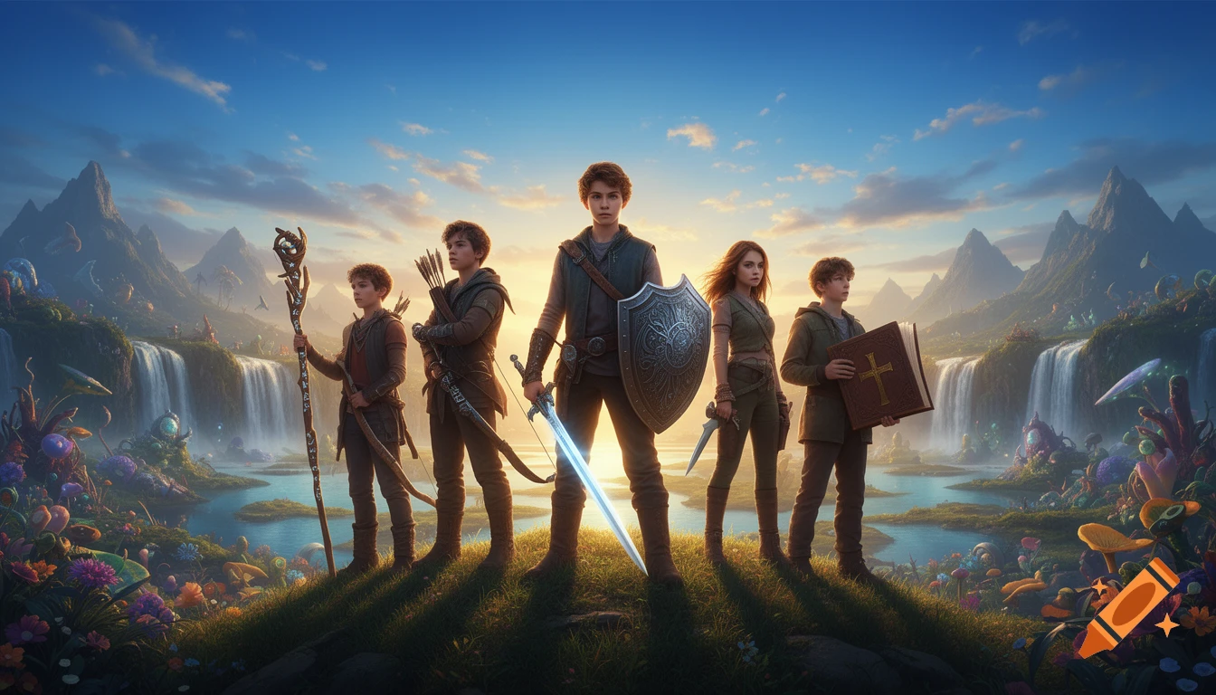 Five fantasy adventurers, three boys and two girls, stand on a hill overlooking a magical landscape with mountains and waterfalls at sunset.