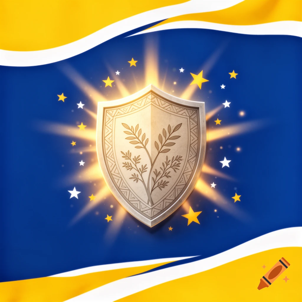 A glowing silver shield with a detailed tree-like emblem, surrounded by yellow and white stars on a blue and yellow background.