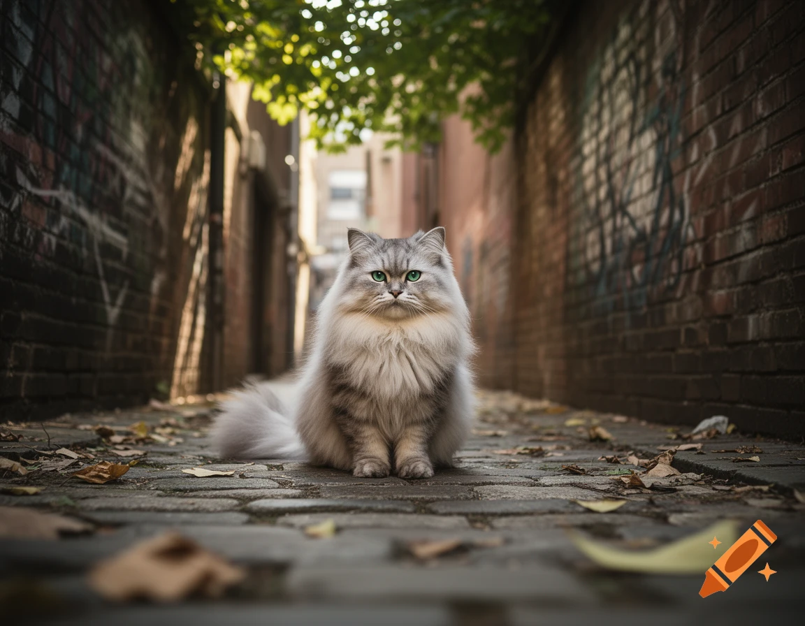A fluffy silver cat with bright green eyes sits on a cobblestone alley floor, framed by brick walls with graffiti and sunlit leaves.