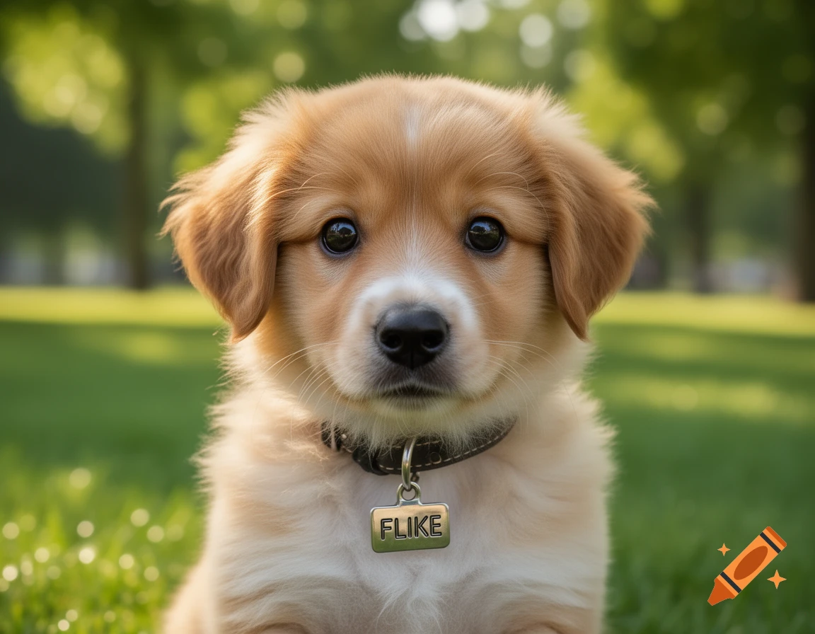 Close-up photorealistic puppy with a FLIKE tag on its collar in a green park.