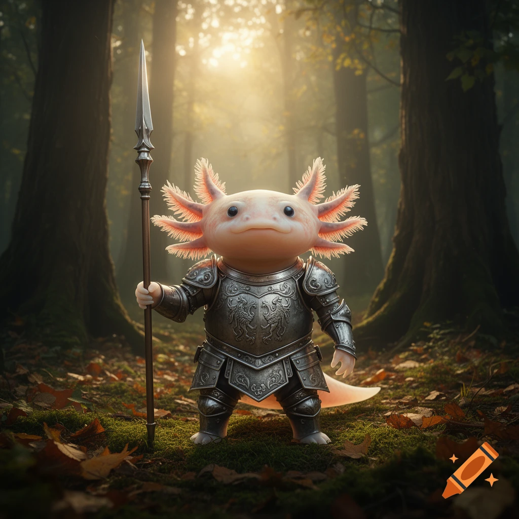 An adorable axolotl wearing detailed medieval armor and holding a spear stands in a sunlit fantasy forest.