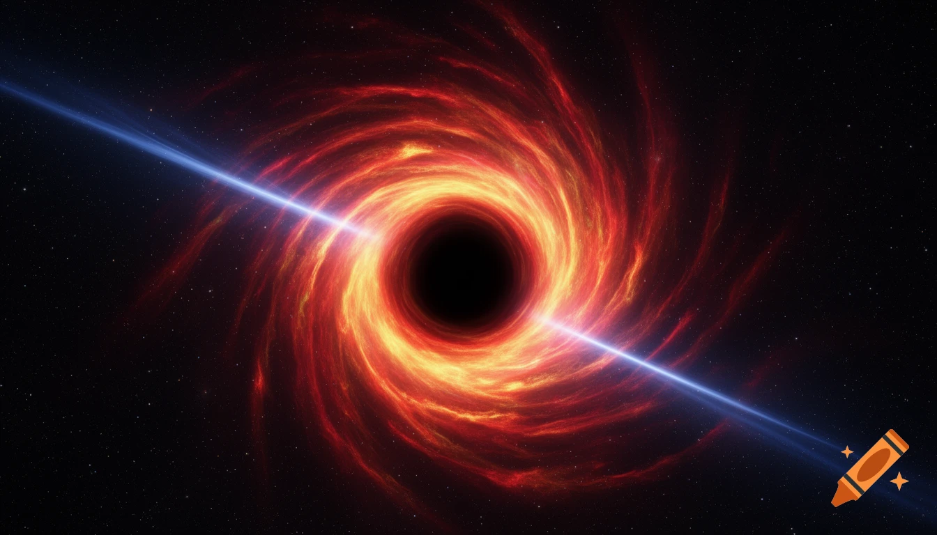 A vibrant black hole with a glowing red and orange swirling accretion disk, surrounded by stars, and a bright blue jet shooting across it.