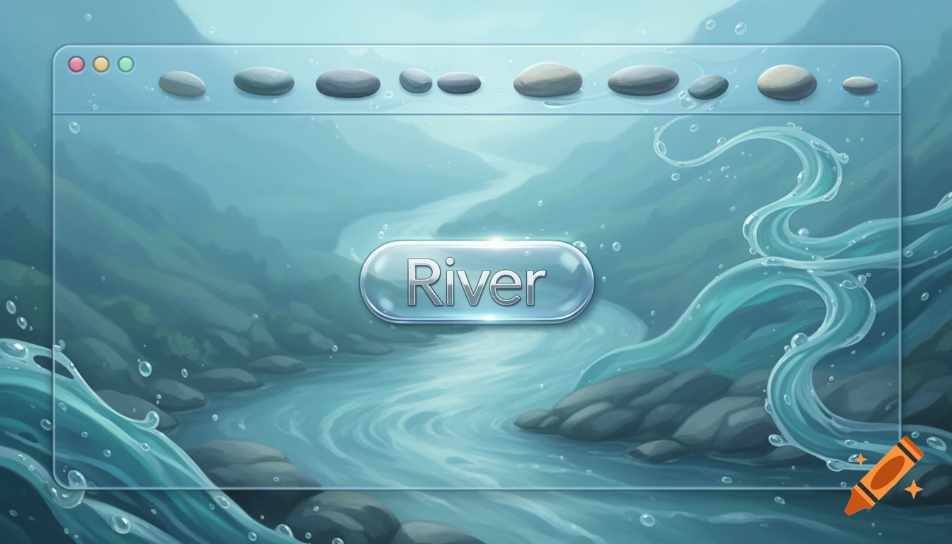 Stylized browser window featuring a river landscape background, stone tabs, watery effects, and a prominent 'River' button.