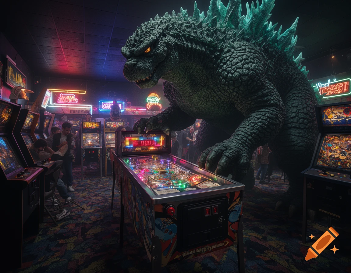 Giant Godzilla playing pinball in a neon-lit arcade filled with other pinball machines and people.